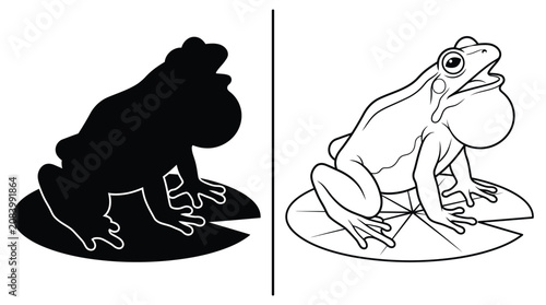 Tableau sur toile Frog Silhouette and Outline Sitting on a Lily Pad with an Inflated Throat Pouch,