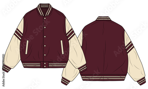Varsity Jacket Vector Template, Maroon and Cream Letterman Jacket Technical Flat Sketch, Front and Back View Blank Bomber Clothing Mockup for Fashion Design Packaging and Clothing Manufacture
