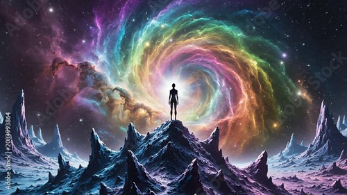 Silhouette on alien landscape watching colorful spiral galaxy