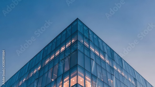 Geometric glass corner of a tall skyscraper reflecting the evening twilight sky showing architectural perspective and structural symmetry for urban development presentations and corporate real es
