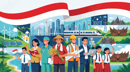 Diverse Indonesian citizens with national flag, cityscape and landscape