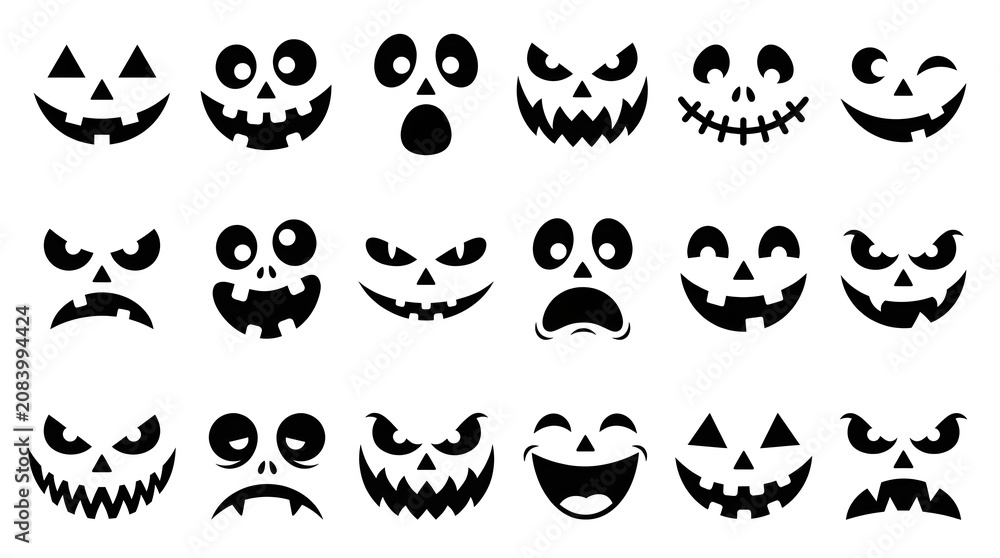 Fototapeta premium Set of 18 different scary and funny halloween pumpkin faces