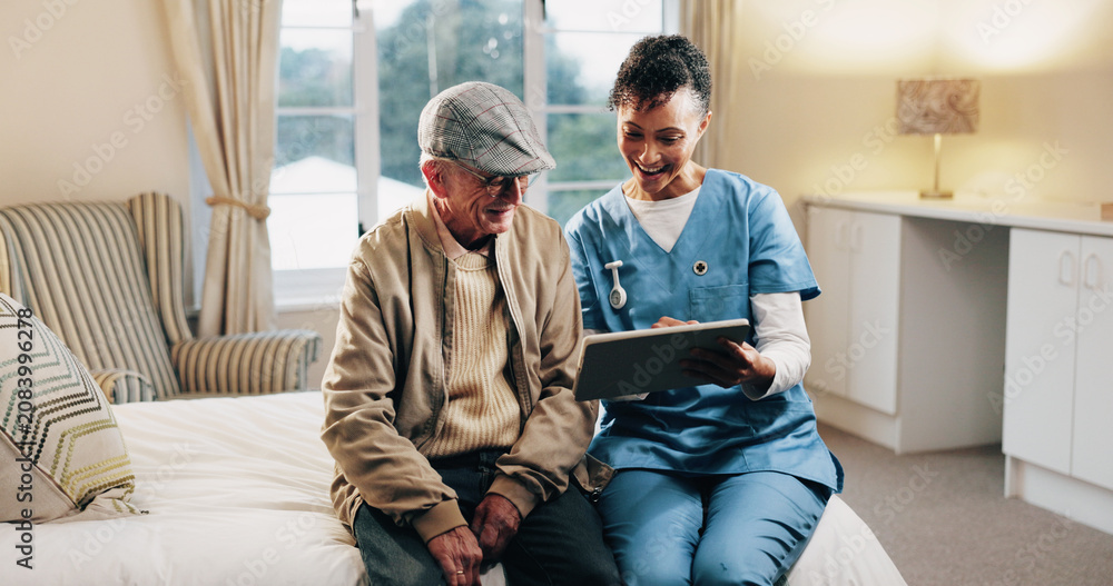 Fototapeta premium Homecare, nurse or consulting old man on tablet for medical update, good news or recovery. Clearance, happy senior patient or caregiver on tech in assisted living for health progress, results or home