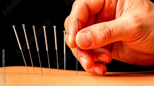 Close-up of a therapist's hand inserting a thin metal acupuncture needle into a patient's skin, showcasing traditional alternative medicine for pain relief and wellness.