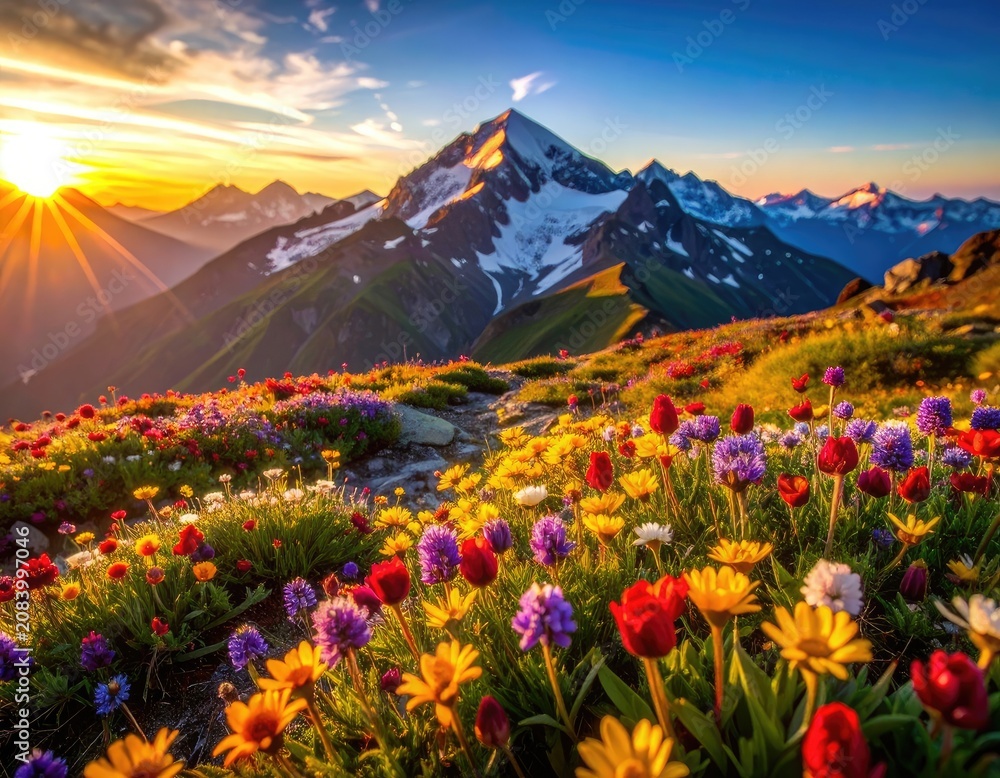 Fototapeta premium Vibrant alpine meadow bursts with color under a golden sunrise.