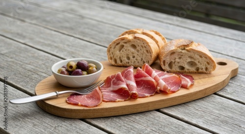 Gourmet spread on wooden board, including bread, meat slices, and olives