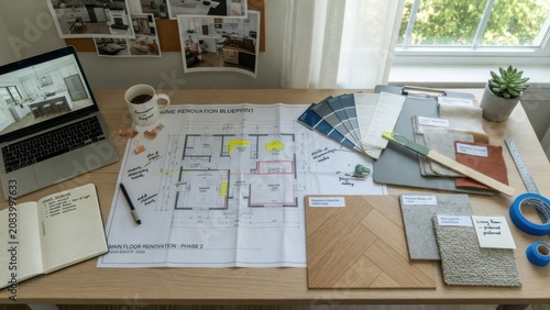 A professional interior designer workspace layout displays architectural floor plans with paint color swatches and textile materials to help with residential home renovation strategy during a pro