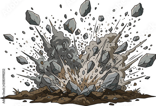 Cuadro en lienzo Violent cartoon ground explosion with flying rocks and debris explosion destruct