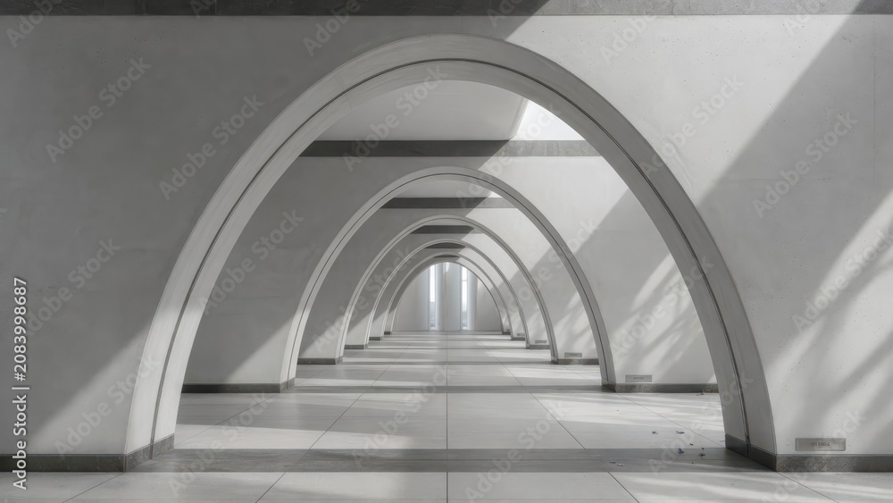 Obraz premium A perspective view of a vaulted corridor with repetitive rhythmic concrete arches and natural sunlight casting dramatic shadows across the tiled floor within a large architectural structure in gr