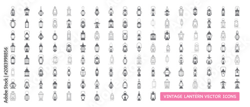 Quadro su tela Mega collection of vintage lantern vector icons featuring camping oil lamps, kerosene lights, and rustic gas burners in clean linear outline and solid glyph silhouette styles
