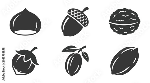 Flat vector icon set featuring six edible nut fruits: Chestnut, Acorn, Walnut, Hazelnut, Almond fruit, Pecan, monochrome solid silhouette