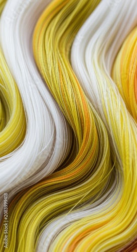 Close-up macro of flowing threads in shades of white, yellow, and orange, creating a soft, wavy pattern.