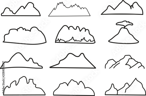Hand Drawn Mountain Outline Icons Set Vector Collection