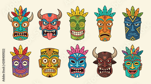 Cuadro en lienzo Vibrant colorful Polynesian tiki mask character set
