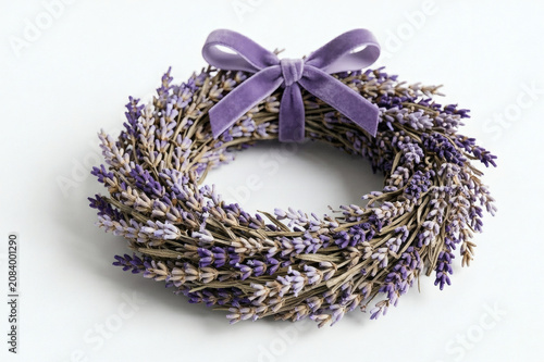 Beautiful purple lavender wreath with velvet bow, rustic dried lavender flower ring decoration isolated on white background