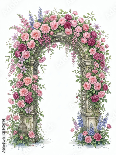 Beautiful stone garden arch covered in blooming pink roses, romantic watercolor wedding floral arbor clipart isolated on white background