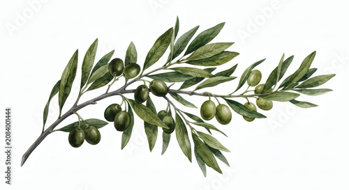Elegant green olive branch with ripe olives, rustic watercolor olive tree sprig clipart isolated on white background