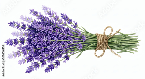 Fresh purple lavender bouquet tied with twine rope, rustic watercolor lavender flower bunch clipart isolated on white background
