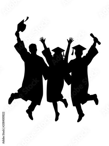 Silhouette of Three Happy Graduates Jumping in Celebration