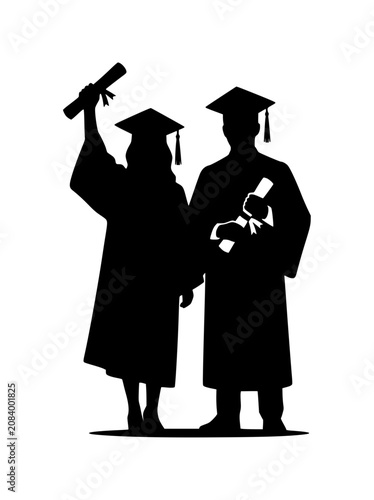 Silhouette of Male and Female Graduates Holding Diplomas
