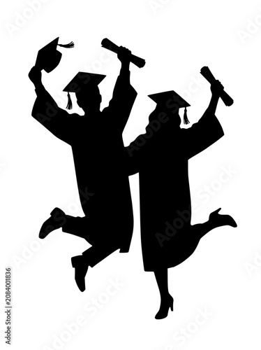 Silhouettes of Happy Graduates Jumping and Celebrating Graduation Ceremony