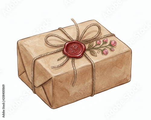 Vintage brown kraft paper gift box wrapped with twine and red wax seal, cute romantic parcel with pink flower sprig clipart isolated on white background