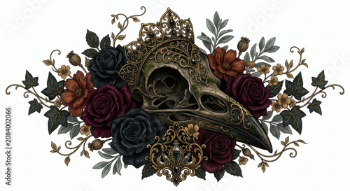 Ornate gothic bird skull with crown and dark roses, mystical filigree raven skull floral arrangement clipart isolated on white background