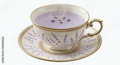 Elegant vintage porcelain teacup and saucer with purple lavender pattern, steaming hot lavender herbal tea clipart isolated on white background