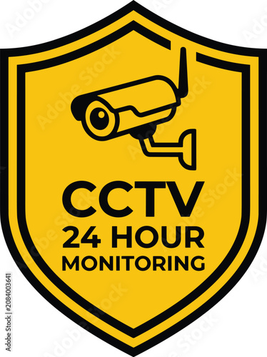 Yellow cctv 24 hour monitoring security badge icon