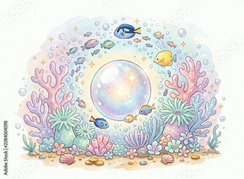 Whimsical underwater coral reef vignette with glowing pearl and school of tropical fish, cute watercolor ocean life clipart isolated on white background