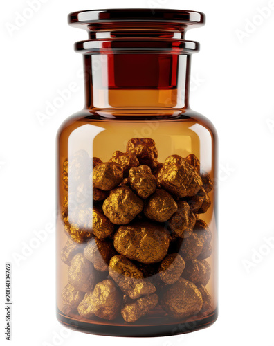 Amber apothecary glass bottle with gold nugget cut out on transparent background