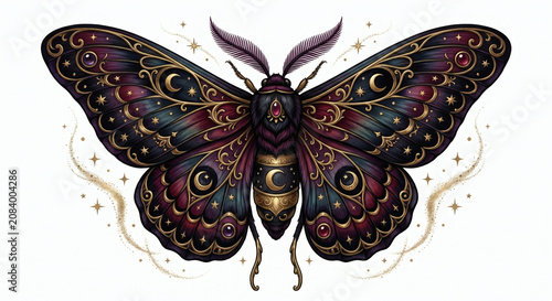 Ornate gothic death head moth with crescent moon and gold filigree, mystical celestial butterfly tattoo design clipart isolated on white background
