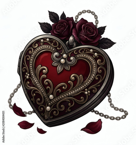 Ornate gothic heart locket with dark red roses and silver chain, vintage romantic filigree jewelry clipart isolated on white background