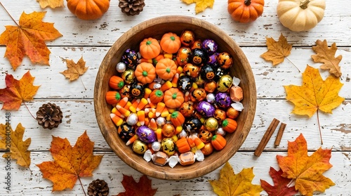 Halloween candy in a wooden bowl with autumn leaves