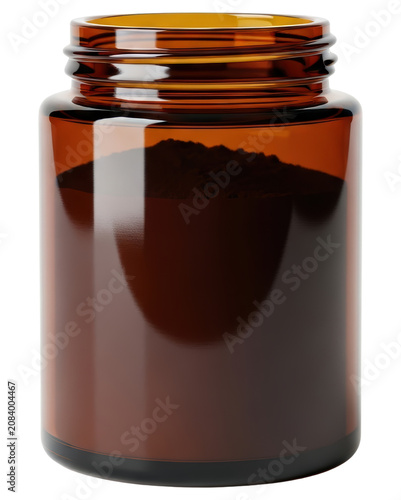 Amber glass medical jar filled with dark powder isolated on transparent