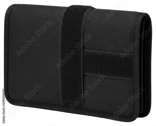 Black textile utility pouch organizer bag with strap cutout on transparent background