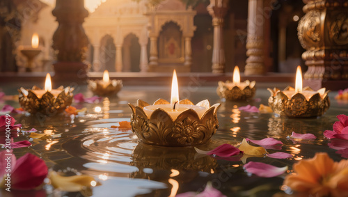 Diwali Floating Diya Lamps in Lotus Golden Holders on Water with Flower Petals in Indian Temple Courtyard