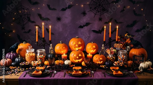 Elaborate halloween dinner party table setting with pumpkins and bats