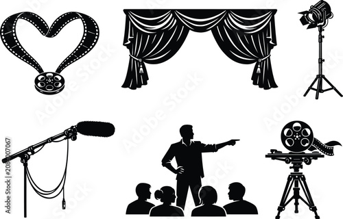Artistic Theater and Filmmaking Bundle with Vintage Projectors Stage Props Actors and Studio Graphics.