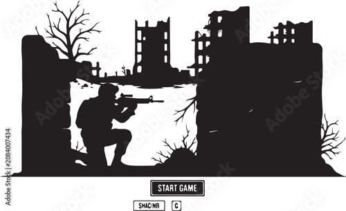 Cuadro en lienzo Soldier in ruined cityscape vector illustration, Generative Ai