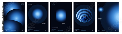 Set of five abstract posters with blue glowing gradient circles