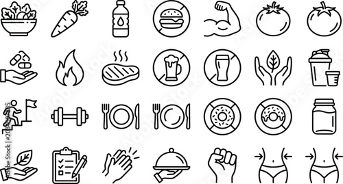 Quadro su tela Healthy diet lifestyle and fitness nutrition line icon set for weight loss welln