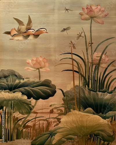 Chinese Kesi Silk Tapestry Wall Art with Mandarin Ducks and Lotus Flowers