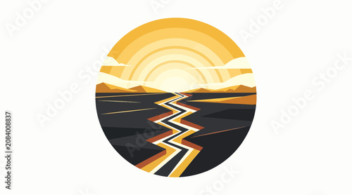 Sunset over zigzag river in circular frame.