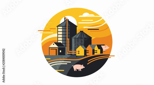 Rural farm scene with barns silos and livestock illustration.