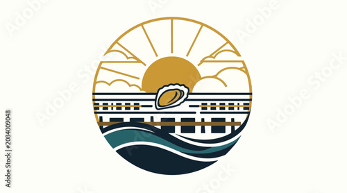 Circular emblem with sun mountain and wave design.