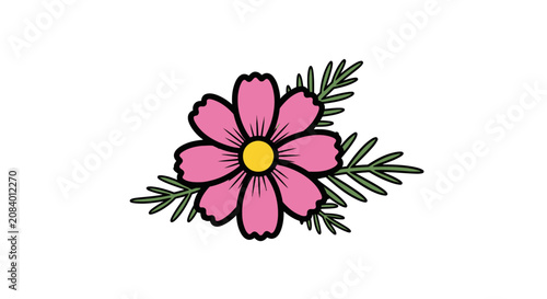 Obraz na plátně Pink cosmos flower with feathery leaves illustration.