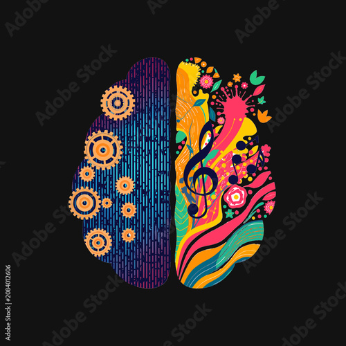Human brain split with logical gears and creative artistic elements