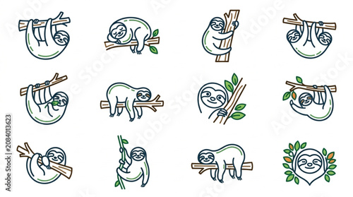 Vászonkép Collection of cute sloth illustrations in various poses on branches