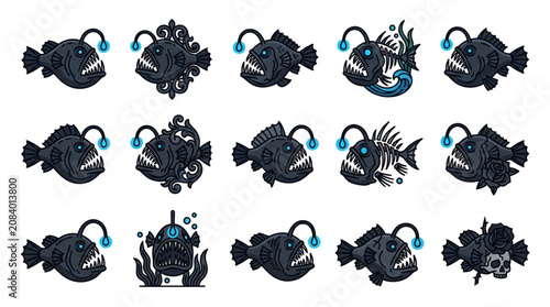 Fotografía Collection of cartoon anglerfish illustrations with bioluminescent lures